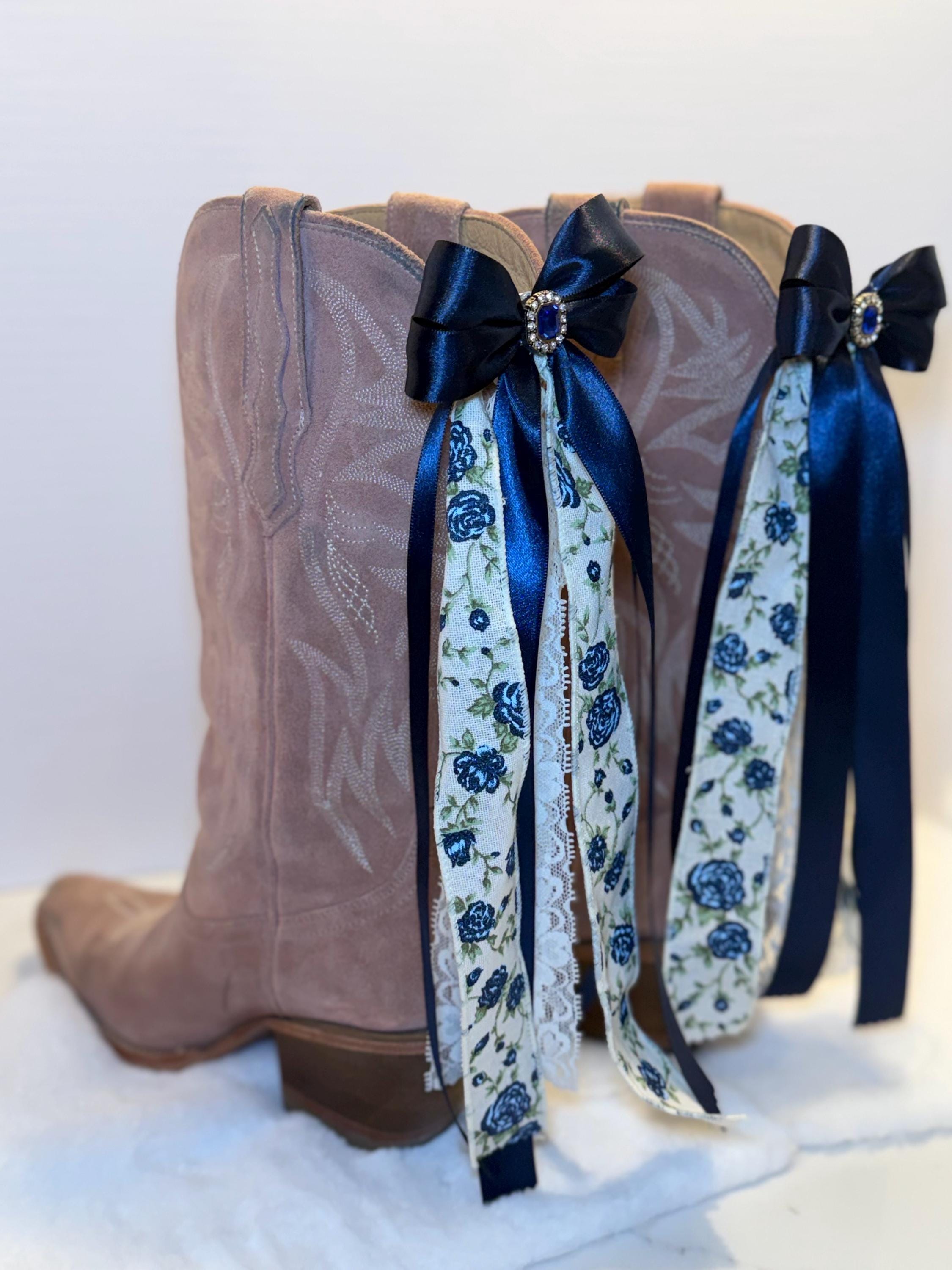 Boot Bows Display Boot Bows With Blue Floral Ribbon and Rhinestone Accent – Pair - Etsy