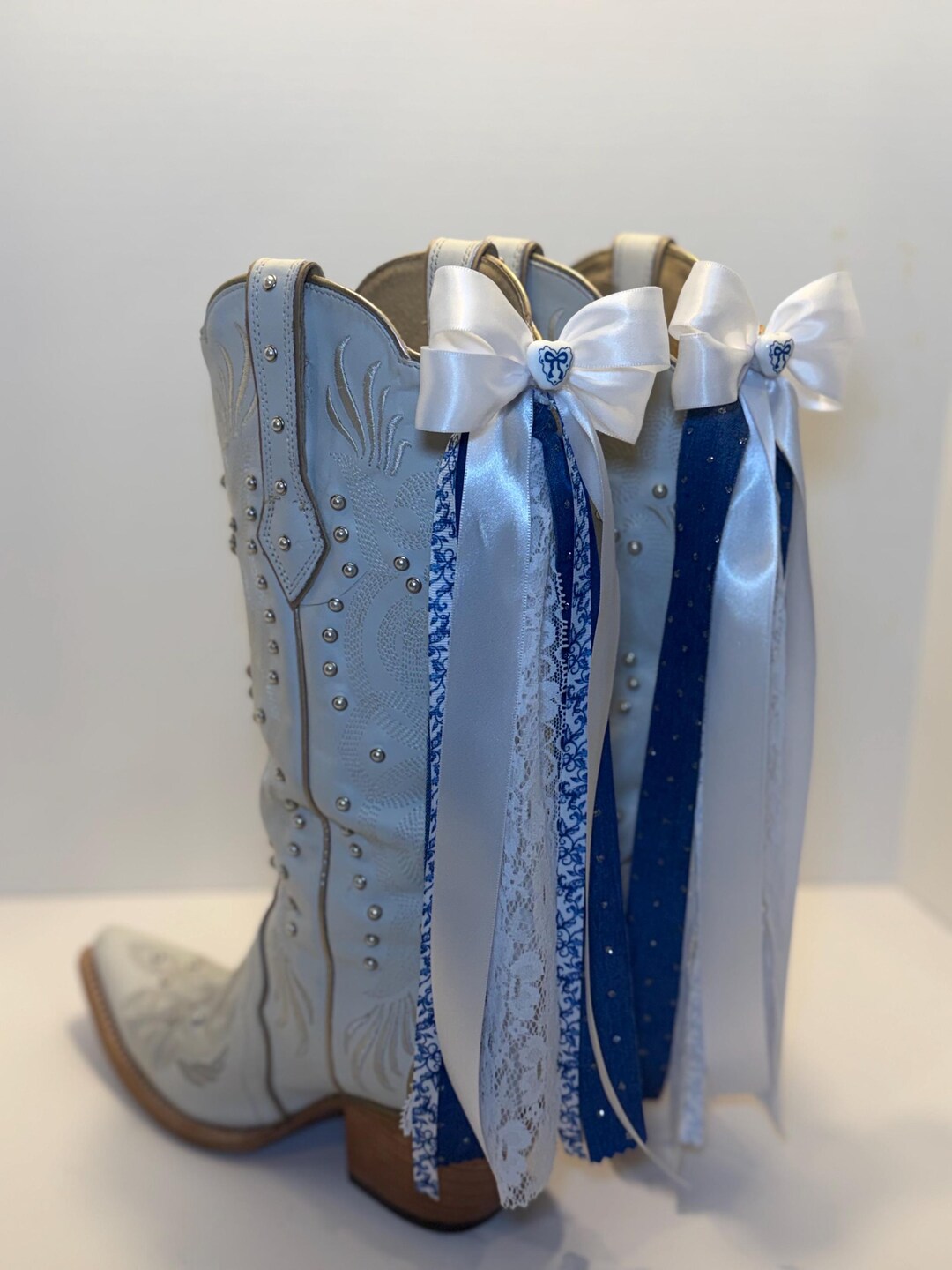 Boot Rivbons For Megan Boot Bows: White Satin Ribbons With Blue Patterned Accents (pair) - Etsy