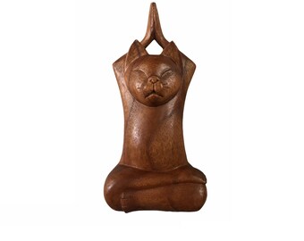 Hand Carved Suar Wood Meditating Cat Statue: Yoga Decor