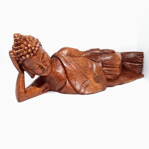 13&quot; Wide Wooden Hand Carved Sleeping Buddha Statue : Peace, Calm, Serenity, and Simplicity | The Nirvana Buddha | Reclining Buddha Sculpture