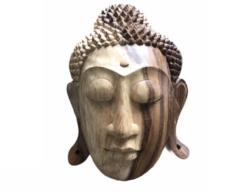 10" Large Buddha Head | Wooden Buddha Wall Hanging | Wooden Hand Carved Buddha Meditating Face Mask Wall Hanging
