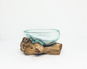 3.5&quot; / 9 cms Small Molten Glass Terrarium on Balinese Driftwood Base Handcrafted by Bali Artisan Hand Blown Clear Reclaimed Glass