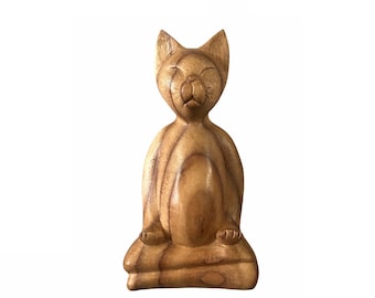 Hand Carved Suar Wood Meditating Cat Statue: Yoga Decor