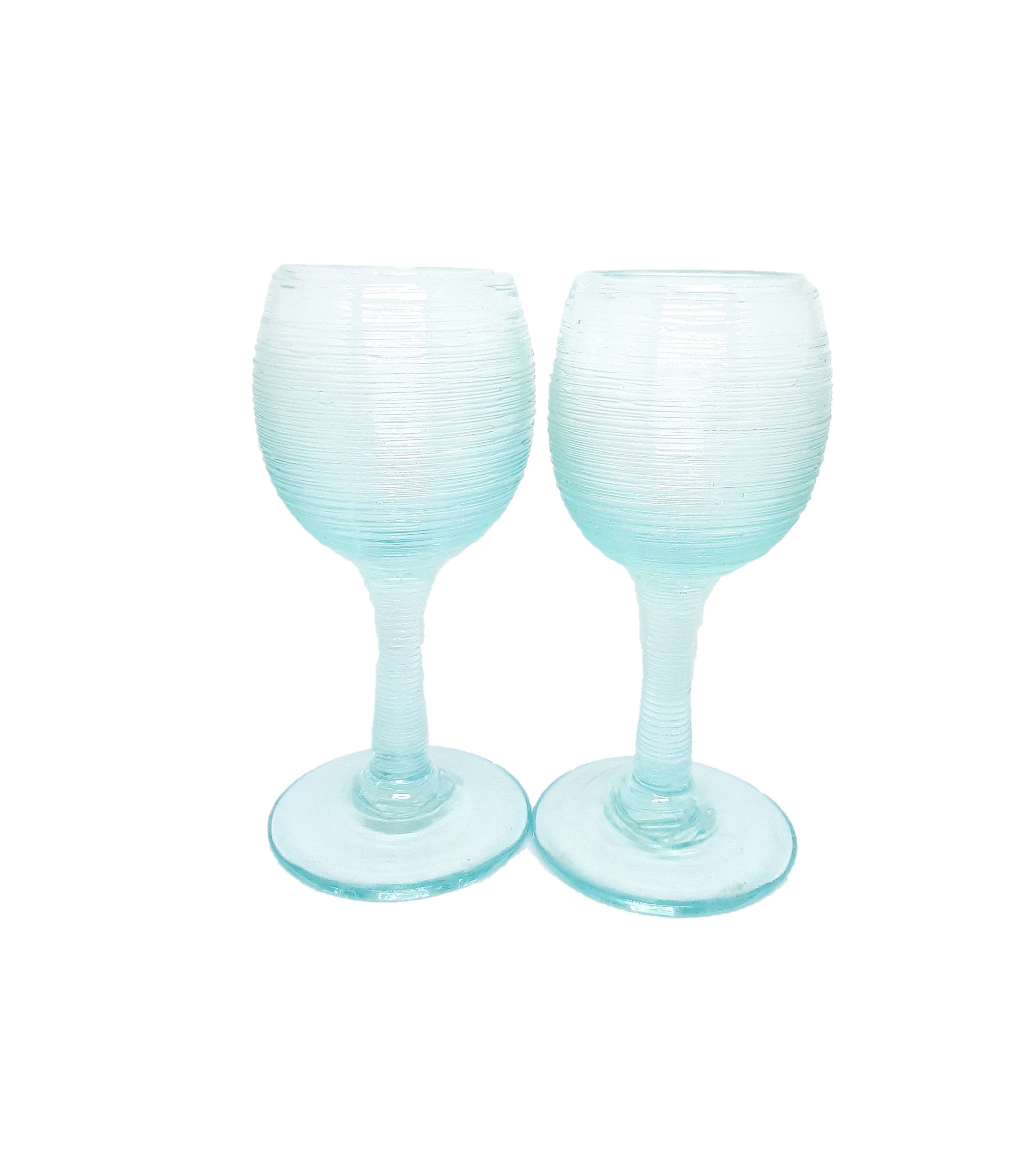Molten Glass Set of 2 | 7" Tall Hand Blown Wine Glass with Spool Texture Handcrafted by Bali Artisan | Strong Clear Reclaimed Glass
