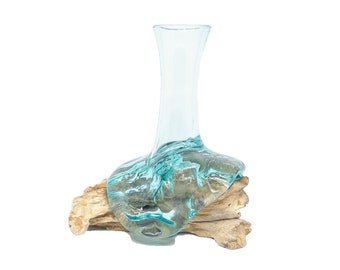 7&quot; / 17.5 cms Tall, Molten Glass Vase, Balinese Driftwood Base, Handicraft by Bali Artisan, Hand Blown Clear Reclaimed Glass, Flower Vase