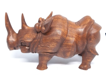 Handcrafted Carved Rhino Sculpture Statue Acacia Wood Decor Animal Art 