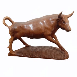 Wooden Bull Sculpture | Hand-Carved Charging Bull on Single Balinese Solid Suar Wood | Taurus Sign | Gift for Traders | Office Decor