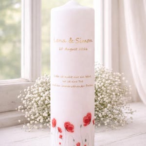 Candle with red poppies in watercolor – Personalized