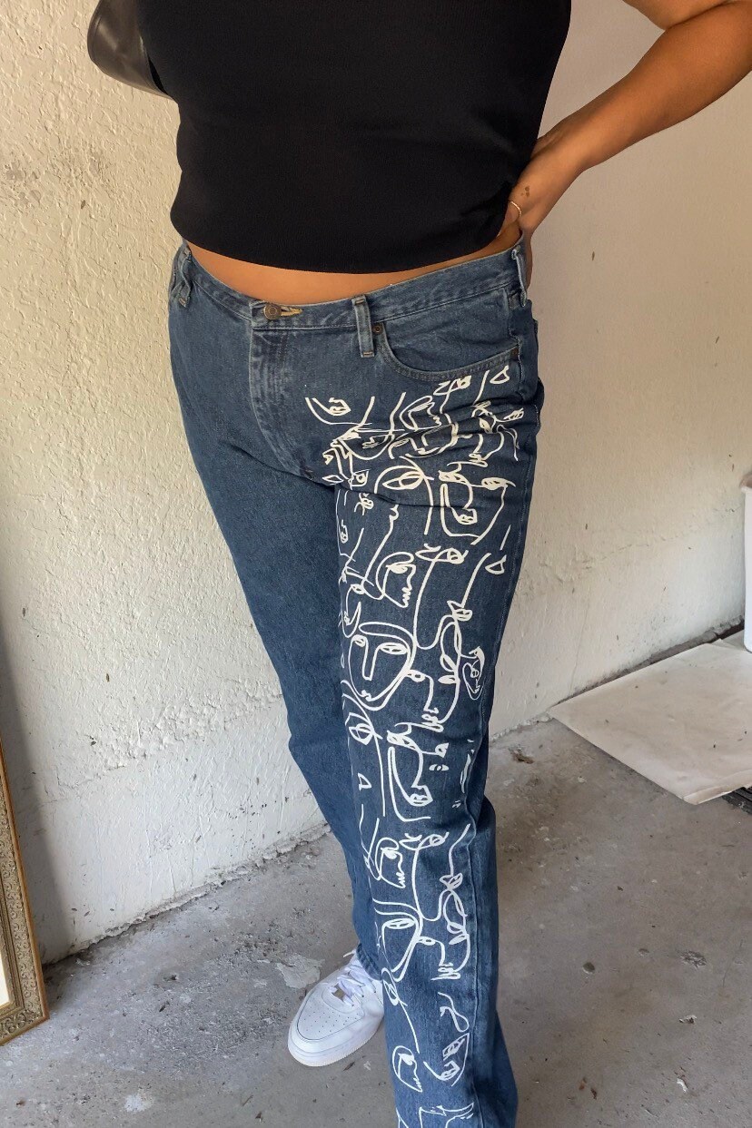 Abstract Hand painted mom jeans high waisted mom jeans light Etsy