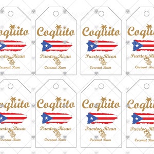 Coquito Drink Bottle Tags with Puerto Rico Flag-Instant Digital Download-  Print your own Bottle tags