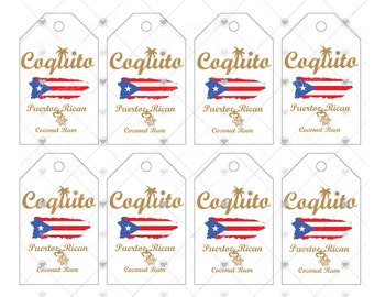 Coquito Drink Bottle Tags with Puerto Rico Flag-Instant Digital Download-  Print your own Bottle tags