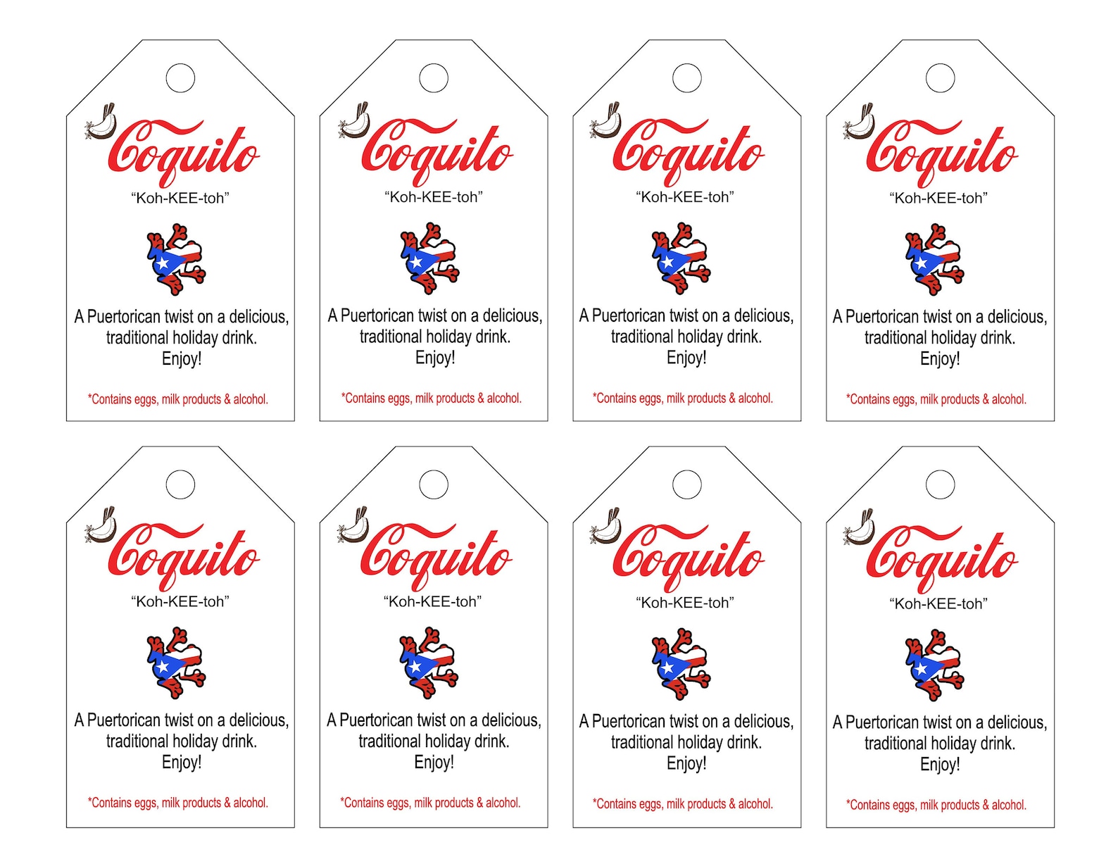 Coquito Drink Bottle Tags Instant Digital Download Print Your Own