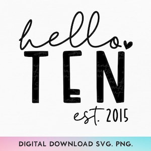 Hello Ten SVG, PNG, 10. Geburtstags-Svg, Geburtstagskind-Svg, 10. Geburtstags-Svg, Est 2015 Svg, zehnter Geburtstags-Svg, 10. Geburtstags-Mädchen-Shirt-Svg