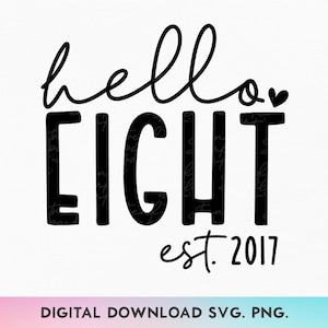 Hallo Acht SVG, PNG, 8. Geburtstags-Svg, Geburtstagskind-Svg, 8. Geburtstags-Svg, Est 2017 Art-Svg, achter Geburtstags-Svg, 8. Geburtstags-Mädchen-Shirt Art-Svg