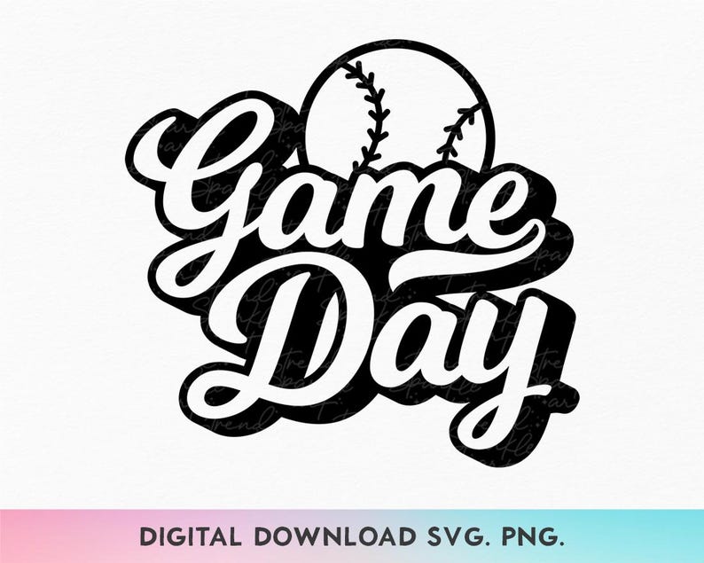 May include: A black and white graphic design featuring the text Game Day in a bold, cursive script font. The design includes a baseball illustration positioned above the text, with a thick black drop shadow effect behind the white lettering.