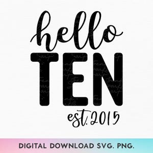 Hello Ten SVG, PNG, 10. Geburtstags-Svg, Geburtstagskind-Svg, 10. Geburtstags-Svg, Est 2015 Svg, zehnter Geburtstags-Svg, 10. Geburtstags-Mädchen-Shirt-Svg