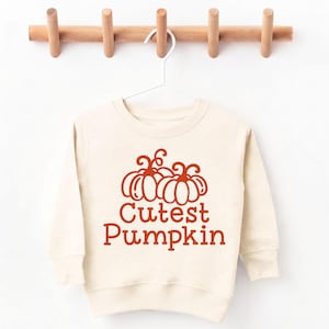May include: A cream-coloured long-sleeve sweatshirt featuring a graphic of two orange pumpkins and the text "Cutest Pumpkin" printed in orange on the front. The sweatshirt has a crew neckline and ribbed cuffs, hanging on a white hanger.