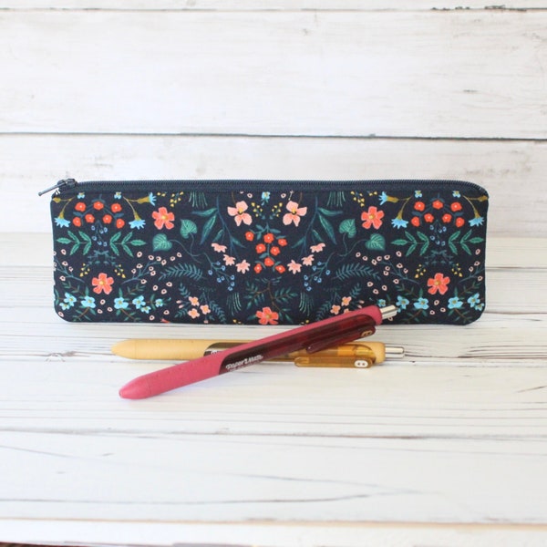 Rifle Paper Co Petite Garden Party Wildwood Navy Metallic Slim Pencil Pouch, Skinny Pencil Case