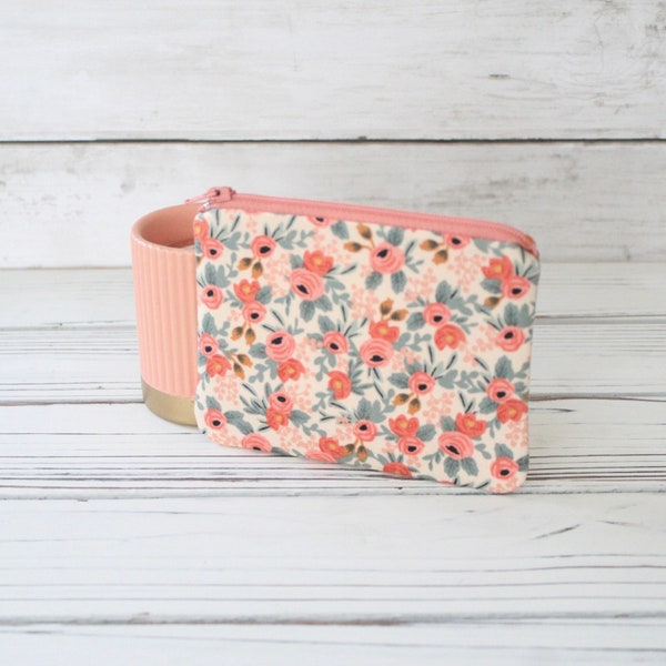 Rifle Paper Co Les Fleurs Rosa in Peach Small Zipper Pouch, Coin Purse, Mini Wallet