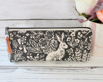 Rifle Paper Co. Wildwood fable gray CANVAS Pencil Case, Boxed Bottom Pencil Pouch