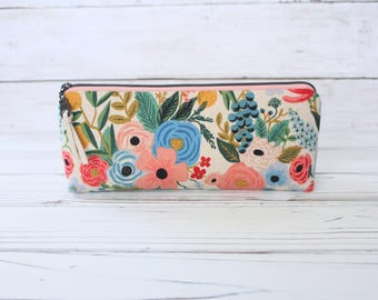 Rifle Paper Co. Wildwood Garden Party Blue CANVAS, Gunmetal Zipper, Pencil Case, Boxed Bottom Pencil Pouch