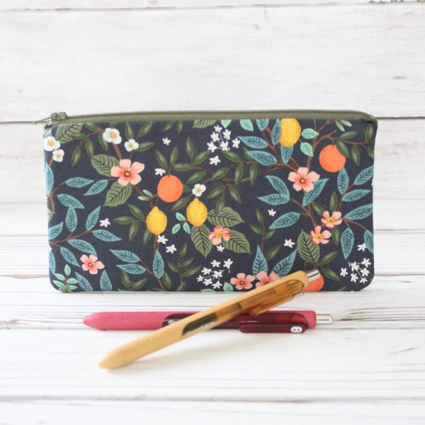 Rifle Paper Co, Bramble Citrus Grove Navy Large Zipper Pouch, Pencil Pouch, Cosmetic Bag