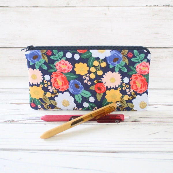 Rifle Paper Co. Vintage Garden Blue Metallic Large Zipper Pouch, Pencil Pouch, cosmetic bag