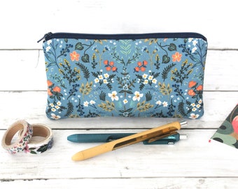 Rifle Paper Co, Bon Voyage Wildwood in Blue Metallic, Large Zipper Pouch, Pencil Pouch, Cosmetic Bag