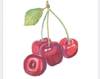Kirschen Original Aquarell, Küche Aquarell, Kirsche handgefertigt Kunstwerk