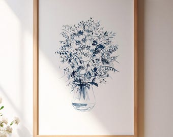 Trendy blue flowers in vase print, minimalist botanical line artwork, still life drawing, modern abstract floral poster, printable wall art