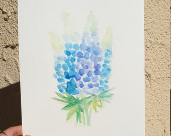 Texas blubonnet, Lupin, Bluebonnet Aquarelle originale Peinture à fleurs bleues Salon Floral Home Decor Botanique Illustration Idée cadeau