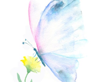 Butterfly on a yellow flower watercolour, Vibrant blossom wall art,  Nursery watercolour, blue minimalist butterfly