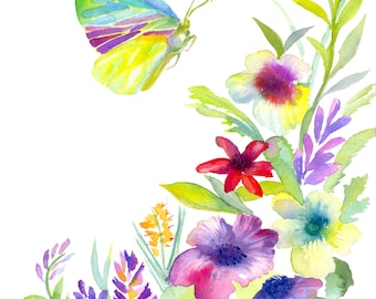 Butterflies Minimalist Fine Art Original watercolour, Wall Decor, meadow vibrant flowers blossom, Butterfly Illustration Nursery gift idea