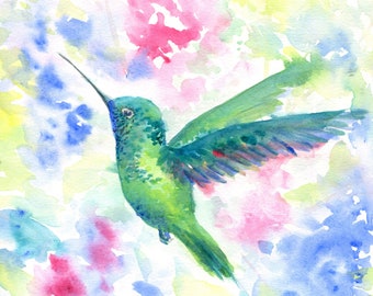 Kolibri handgemaltes Aquarell, Vogel Wandbild, Kolibri Illustration, Kolibri Geschenkidee, Kolibri Geschenkidee, Tropischer Vogel