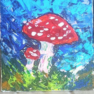Red mushroom painting, fly agaric art, forest art, 4 by 4 in, birthday gift idea, hand painted art