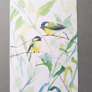 "Postkarte ""zwei Kohlmeise"", Vogel auf Zweig, Grußkarte für einen Freund, Waldtier, Dankeskarte, Naturkunstwerk."