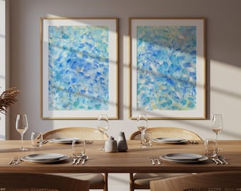 Conjunto de 2 hortensias, estampado floral abstracto, flores en azul pastel, arte imprimible de estilo vintage, decoración botánica primaveral de granja.