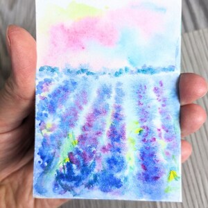 Lavendelfeld ACEO, kleines Kunstwerk 2,5 "x 3,5", handgemalte Kunst Geschenkidee, Kartensammlung, französische Miniatur Landschaftskunst