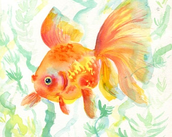 Aquarium-Goldfisch-Aquarell, Küstenatmosphäre-Dekor, handgemalte Kunst, Meereslebewesen-Kunstwerk, moderne Küstenwandkunst, Meeresfauna, Korallenrücken