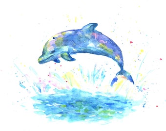 Dolphin watercolour, coastal wall art, fish original art, dolphin and see wall art, hand painted art, birthday art gift, valentine's day art