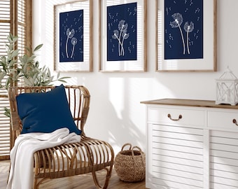 Arte mural de dientes de león índigo, arte lineal azul oscuro, juego de 3 impresiones, arte botánico, decoración minimalista moderna, impresiones de naturaleza azul marino, arte azul