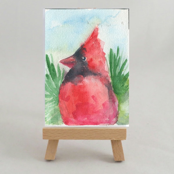 bird watercolor, aceo cardinal, aceo watercolor, aceo bird, ACEO hand made, ACEO wild life, ACEO forest, original aquarelle, small artwork