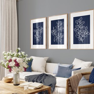 Dark blue leaves wall art, set of 3, fine line prints, Minimalist Art, indigo botanical art, Hand Drawn art ,Blue Eucalyptus Art, Navy  Art