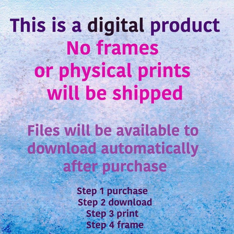 Puede incluir: Texto sobre un fondo azul que dice: "Este es un producto digital. No se enviar&aacute;n marcos ni impresiones f&iacute;sicas. Los archivos estar&aacute;n disponibles para descargar autom&aacute;ticamente despu&eacute;s de la compra. Paso 1 compra. Paso 2 descarga. Paso 3 impresi&oacute;n. Paso 4 enmarcar."
