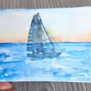 Yacht ACEO, Boot-Aquarell ACEO, kleines Kunstwerk 2,5"x3,5", handgemalt, kleines Aquarell, Kartensammlung, Meereslandschaft-Miniaturkunst