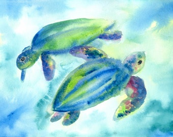 Zeeschildpadkunstwerk, originele aquarelillustratie, met de hand geschilderd, oceaanleven, kustdecor, nautische kunst, strandhuis, kunst voor kinderen