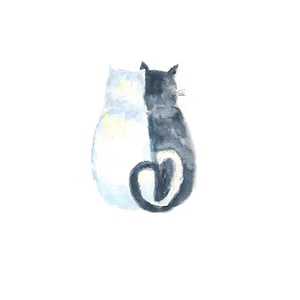 2 cats sitting with heart tails, hand painted watercolour, gift for friendship and beloved, black and white cats