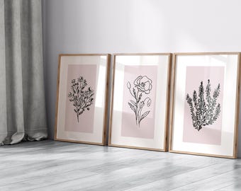 ブラッシュピンクの花柄 3 点セット、ニュートラルな植物の細い線の壁アート、ベッドの上の草原の装飾、ミニマリスト アート、色あせたピンクの落ち着いたローズのプリント セット