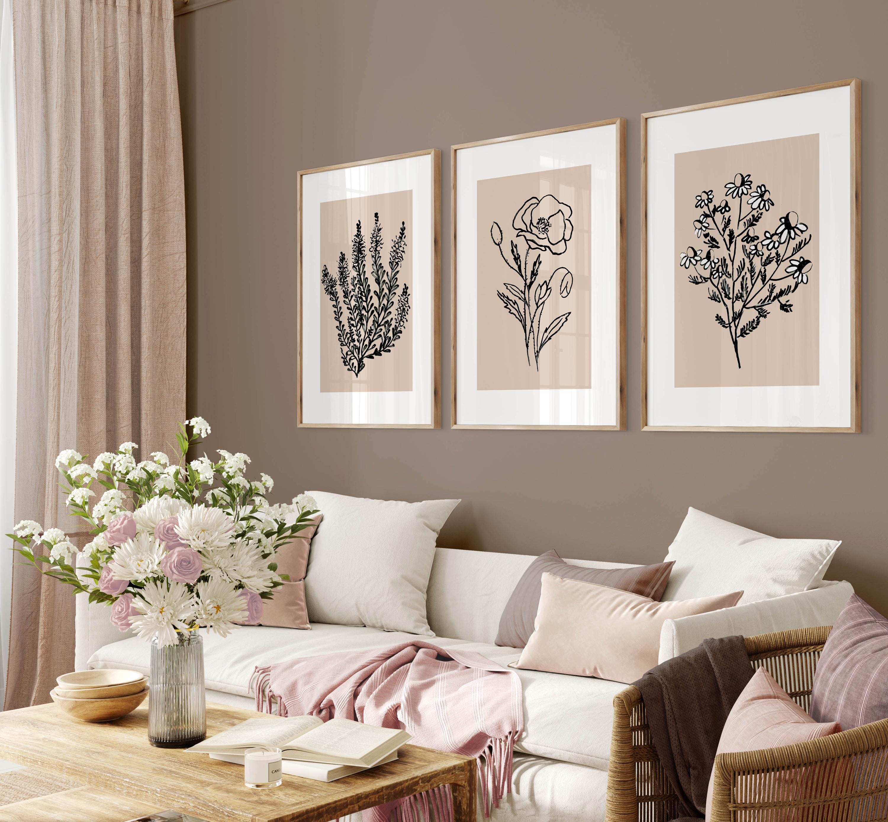 Above Bed Neutral Wall Art, Line Art Prints, Set of 3, Beige Floral ...
