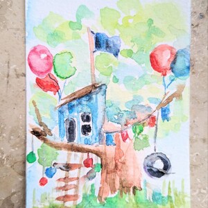 Haus am Baum mit Luftballons ACEO, Aquarell ACEO, kleines Kunstwerk 2,5 "x 3,5", handgemalt, Kunst Geschenkidee, kleines Aquarell, Kartensammlung